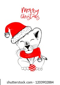Hand drawn vector illustration with a cute baby lion celebrating Merry Christmas - isolated on white background for print cards and web banner