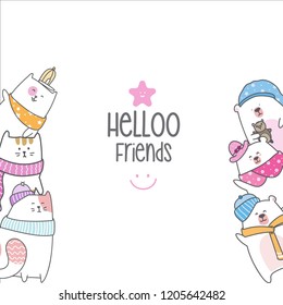 Hand drawn vector illustration of a cute bear and cat, with quote Hello on white background. Isolated objects on white. Scandinavian style flat design. A concept for children print.