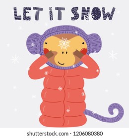 Hand drawn vector illustration of a cute funny monkey watching snowflakes outdoors in winter, with text Let it snow. Isolated objects. Scandinavian style flat design. Concept for children print.