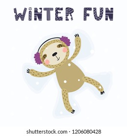 Hand drawn vector illustration of a cute funny sloth making snow angel, with text Winter fun. Isolated objects on white background. Scandinavian style flat design. Concept for children print.