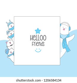 Hand drawn vector illustration of a cute bear,  with quote Hello on white background. Isolated objects on white. Scandinavian style flat design. A concept for children print.