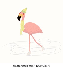 Hand drawn vector illustration of a cute funny flamingo skating outdoors in winter. Isolated objects on white background. Scandinavian style flat design. Concept for children print.