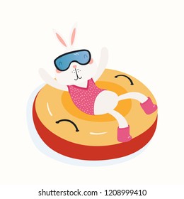 Hand drawn vector illustration of a cute funny bunny snow tubing outdoors in winter. Isolated objects on white background. Scandinavian style flat design. Concept for children print.