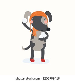 Hand drawn vector illustration of a cute funny dog throwing snowball, outdoors in winter. Isolated objects on white background. Scandinavian style flat design. Concept for children print.