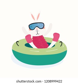 Hand drawn vector illustration of a cute funny bunny snow tubing outdoors in winter. Isolated objects on white background. Scandinavian style flat design. Concept for children print.