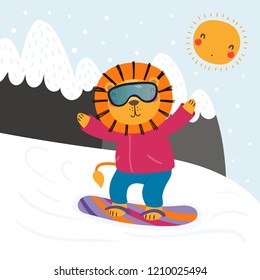 Hand drawn vector illustration of a cute funny lion snowboarding outdoors in winter, with mountain landscape background. Scandinavian style flat design. Concept for children print.