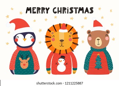 Hand drawn vector illustration of cute animals lion, penguin, bear in Santa hats, sweaters, with text Merry Christmas. Isolated objects on white. Scandinavian style flat design. Concept for card.