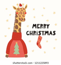 Hand drawn vector illustration of a cute funny giraffe in a Santa Claus hat, sweater, with text Merry Christmas. Isolated objects on white. Scandinavian style flat design. Concept for card, invite.