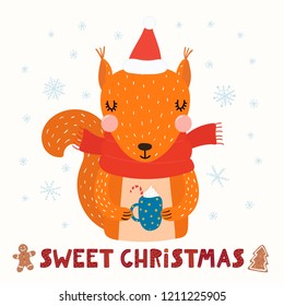 Hand drawn vector illustration of a cute funny squirrel in a Santa hat, scarf, with cocoa, text Sweet Christmas. Isolated objects on white. Scandinavian style flat design. Concept for card, invite.
