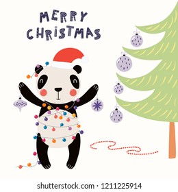 Hand drawn vector illustration of a cute panda in a Santa hat, with lights, ornaments, tree, text Merry Christmas. Isolated objects on white. Scandinavian style flat design. Concept for card, invite.