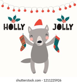 Hand drawn vector illustration of a cute funny wolf in a Santa Claus hat, with Christmas stockings, text Holly Jolly. Isolated objects on white. Scandinavian style flat design. Concept card, invite.