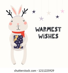 Hand drawn vector illustration of a cute funny bunny in deer antlers, scarf, with gift, text Warmest wishes. Isolated objects on white. Scandinavian style flat design. Concept Christmas card, invite.