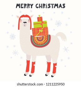 Hand drawn vector illustration of a cute funny llama in a hat, with gifts, text Merry Christmas. Isolated objects on white background. Scandinavian style flat design. Concept for card, invite.