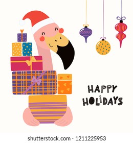 Hand drawn vector illustration of a cute flamingo in a Santa hat buying presents, with text Happy holidays. Isolated objects on white. Scandinavian style flat design. Concept Christmas card, invite.