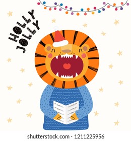 Hand drawn vector illustration of a cute lion in a Santa hat, sweater, singing carols, with text Holly Jolly. Isolated objects on white. Scandinavian style flat design. Concept Christmas card, invite.