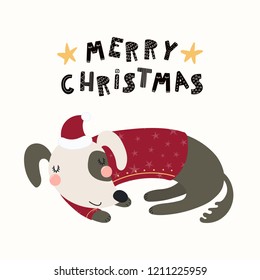 Hand drawn vector illustration of a cute funny sleeping dog in a Santa Claus hat, with text Merry Christmas. Isolated objects on white background. Scandinavian style flat design. Concept card, invite.