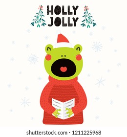Hand drawn vector illustration of a cute frog in a Santa hat, sweater, singing carols, with text Holly Jolly. Isolated objects on white. Scandinavian style flat design. Concept Christmas card, invite.