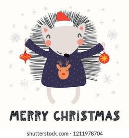 Hand drawn vector illustration of a cute funny hedgehog in a Santa hat, sweater, with ornaments, text Merry Christmas. Isolated objects on white. Scandinavian style flat design. Concept card, invite.