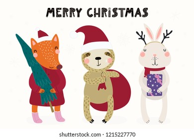 Hand drawn vector illustration of cute animals fox, sloth, bunny in Santa hats, with tree, bag, gift, text Merry Christmas. Isolated objects on white. Scandinavian style flat design. Concept for card.