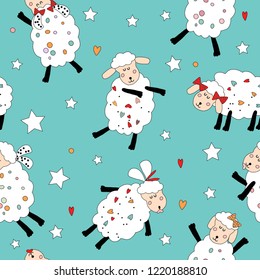 Hand drawn vector illustration cute cartoon colorful seamless pattern dancing sheep and stars on the turquoise background for baby textile, cloth, linen texture, apparel or home decoration 