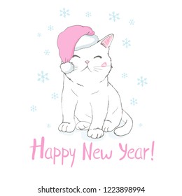 Hand drawn vector illustration of a cute funny cat face in Santa Claus hat. Isolated objects on white background.