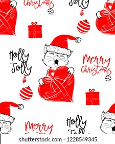 Hand drawn vector illustration with a cute baby cat celebrating celebrating a Merry Christmas - seamless pattern with isolated on white background