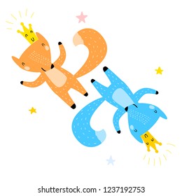 Hand Drawn Vector Illustration of Cute Funny Foxes Among Stars. Isolated Objects. Scandinavian Style Flat Design. Concept for Children Print, Website or App. Happy Red and Blue Foxes with Crowns.