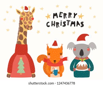 Hand drawn vector illustration of cute animals, giraffe, squirrel, koala, in Santa hats, sweaters, with text. Isolated objects on white. Scandinavian style flat design. Concept Christmas card, invite.