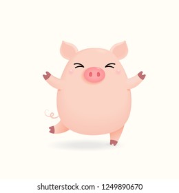 Hand drawn vector illustration of a cute happy little pig. Isolated objects on white background. Design concept for Chinese New Year greeting card, holiday banner, decorative element.