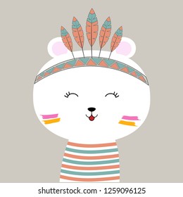 Hand drawn vector illustration of a cute funny bear indian. Isolated objects on gray background. Design concept for children t-shirt.