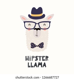 Hand drawn vector illustration with cute funny llama in a hat, bow tie, glasses, with text Hipster llama. Isolated objects on white background. Scandinavian style flat design. Concept for kids print.