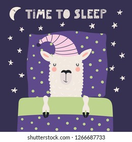 Hand drawn vector illustration with cute sleeping llama in a nightcap, pillow, blanket, moon, stars, text Time to sleep. Scandinavian style flat design. Concept for children print.