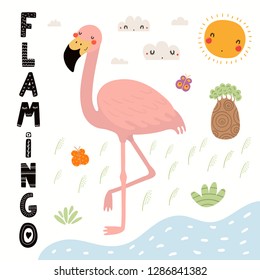 Hand drawn vector illustration of a cute flamingo, African landscape, with text. Isolated objects on white background. Scandinavian style flat design. Concept for children print.