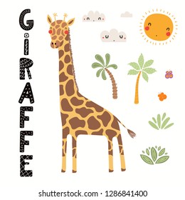 Hand drawn vector illustration of a cute giraffe, African landscape, with text. Isolated objects on white background. Scandinavian style flat design. Concept for children print.