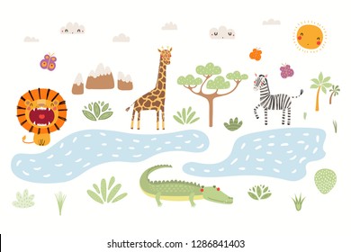 Hand drawn vector illustration of cute animals lion, zebra, crocodile, giraffe, African landscape. Isolated objects on white background. Scandinavian style flat design. Concept for children print.