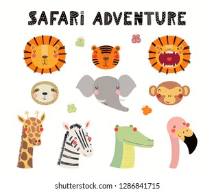 Hand drawn vector illustration of cute animals lion, flamingo, zebra, monkey, crocodile, giraffe, tiger, elephant, sloth. Isolated objects on white. Scandinavian style flat design. Concept kids print