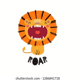 Hand drawn vector illustration of a cute funny lion with open mouth, with lettering quote Roar. Isolated objects on white background. Scandinavian style flat design. Concept for children print.