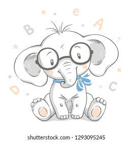 Hand drawn vector illustration of a cute baby elephant in big glasses.