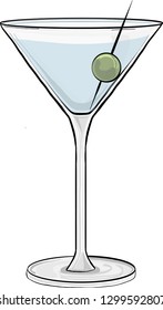 Hand drawn vector illustration. Cute cartoon martini glass with an olive on a toothpick floating inside.