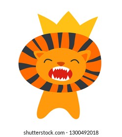 Hand drawn vector illustration of a cute funny lion in a crown. Isolated objects. Scandinavian style flat design. Concept for children print.