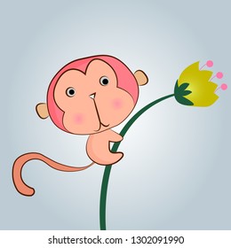 Hand drawn vector illustration of a cute monkey hold flower.