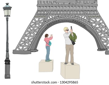 Hand drawn vector illustration. Cute scene in Paris. Tourists stand on boxes to take photos of the Eiffel Tower.