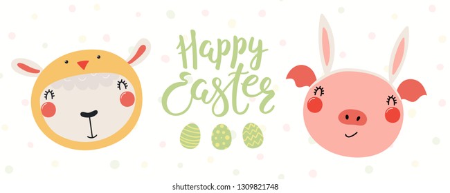 Hand drawn vector illustration of a cute pig in bunny ears, lamb in chick costume, with eggs, text Happy Easter. Isolated objects on white. Scandinavian style flat design. Concept for kids print, card