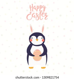 Hand drawn vector illustration of a cute penguin in bunny ears, holding egg, with text Happy Easter. Isolated objects on white background. Scandinavian style flat design. Concept for kids print, card.