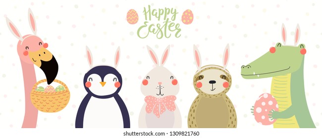 Hand drawn vector illustration of a cute flamingo, crocodile, bunny, penguin, sloth, text Happy Easter. Isolated objects on white background. Scandinavian style flat design. Concept kids print, card.