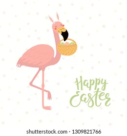 Hand drawn vector illustration of cute flamingo in bunny ears, with basket, eggs, text Happy Easter. Isolated objects on white background. Scandinavian style flat design. Concept for kids print, card.