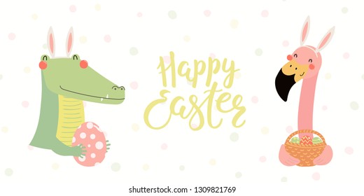 Hand drawn vector illustration of a cute flamingo, crocodile in bunny ears, with eggs, text Happy Easter. Isolated objects on white. Scandinavian style flat design. Concept for kids print, card.