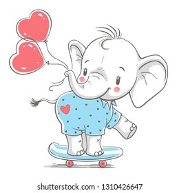 Hand drawn vector illustration of a cute baby elephant with balloons on a skateboard.