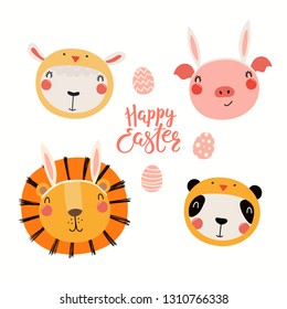 Hand drawn vector illustration of cute pig, lamb, lion, panda in bunny, chick costumes, with eggs, text Happy Easter. Isolated objects. Scandinavian style flat design. Concept for kids print, card.