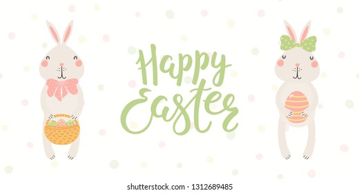 Hand drawn vector illustration of cute bunnies, with basket, eggs, text Happy Easter. Isolated objects on white background. Scandinavian style flat design. Concept for kids print, card, banner.